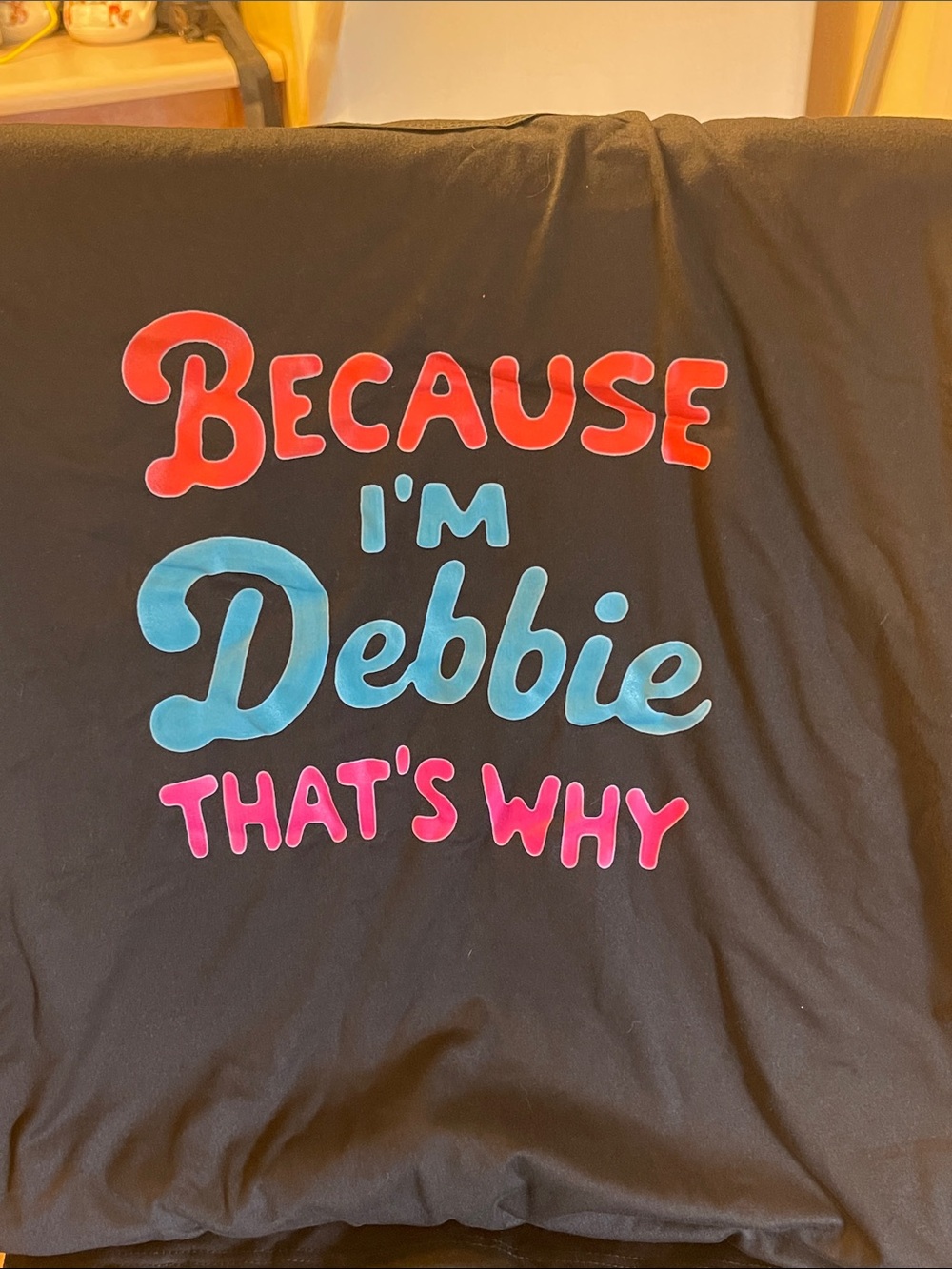 Because I'm Debbie Short Sleeve Tee - Black with Red, Blue & Pink Print